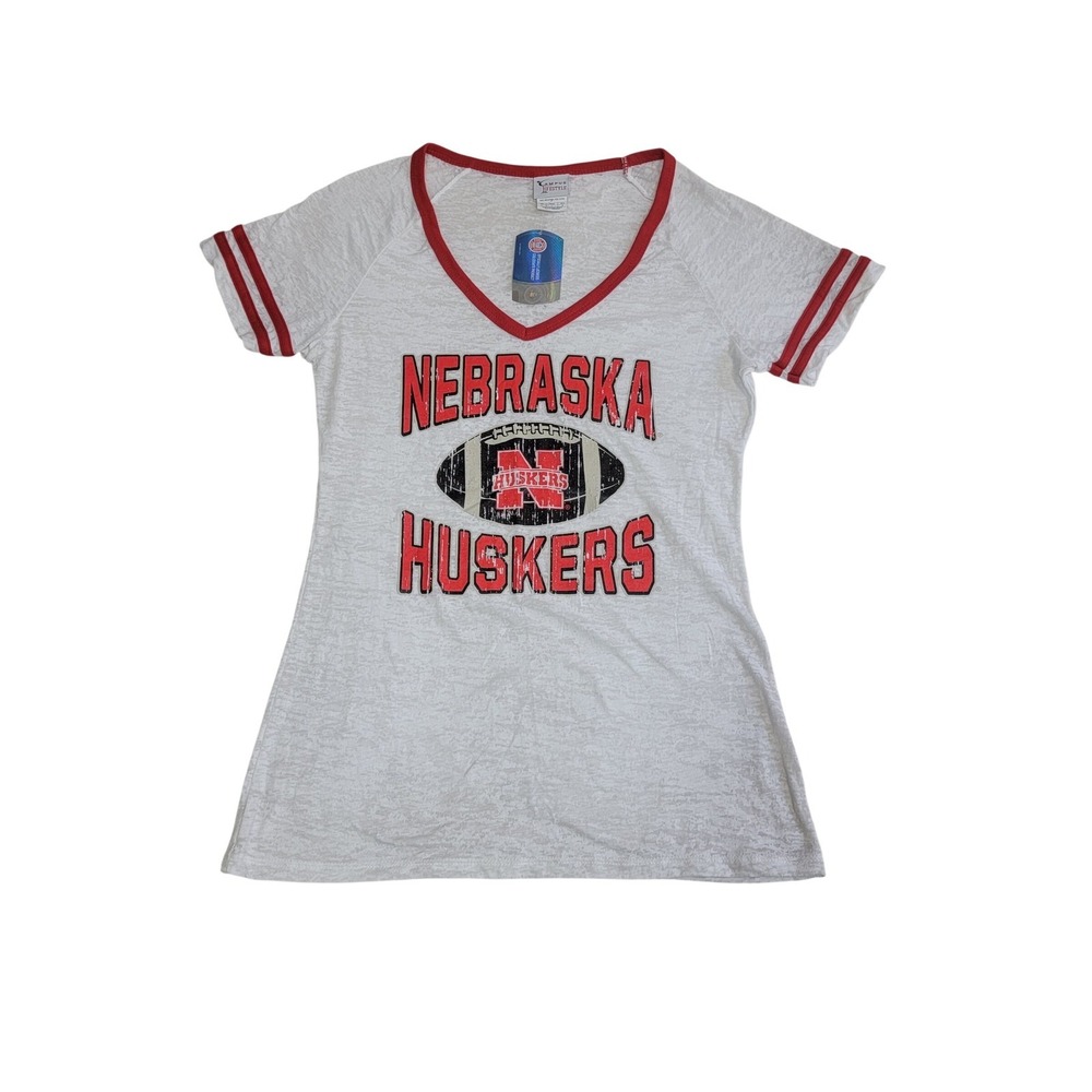 Nebraska Huskers Womens L White Burnout V-Neck T-Shirt Tee Collegiate Gameday